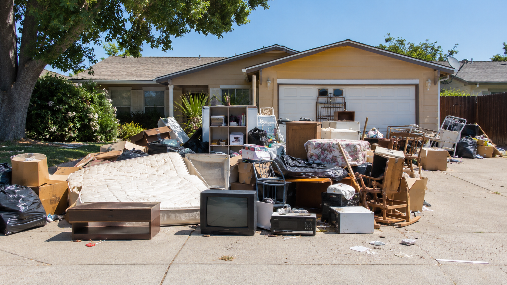 Driveway piled with junk before BluJunk