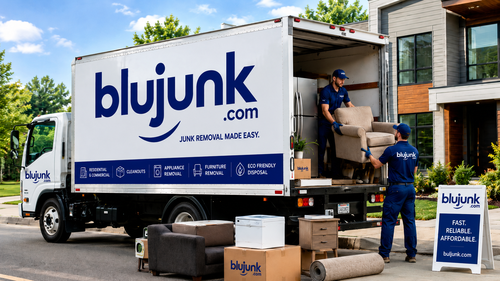 BluJunk crew loading furniture and junk into the branded BluJunk truck